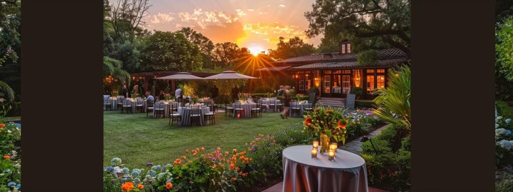 a serene outdoor gathering at sunset, elegantly set up with tables and chairs, surrounded by lush greenery and blooming flowers, emphasizing the importance of timing in pest control as attendees enjoy a mosquito-free environment.