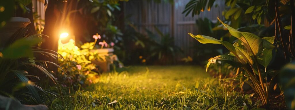 a serene rhode island backyard at dusk, showcasing lush greenery and a tranquil atmosphere, illuminated by warm, golden light, while hints of natural mosquito repellents like lemon balm can be seen thriving among the plants, embodying the theme of effective mosquito control.