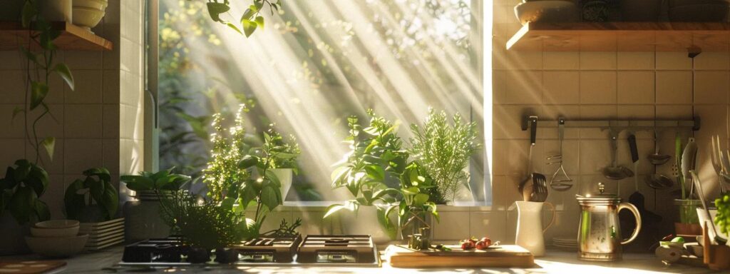 a serene, sunlit kitchen adorned with fresh peppermint and eucalyptus plants, radiating natural scents that create an inviting yet rodent-free atmosphere.