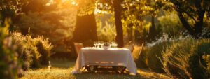 Elegant outdoor event setup at sunset with a decorated table surrounded by lush greenery, emphasizing the importance of pest control for a comfortable gathering.