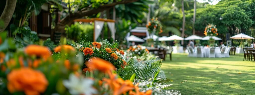 a vibrant outdoor venue surrounded by lush greenery and strategically placed shaded areas, emphasizing the importance of pest management in event planning under bright, natural sunlight.