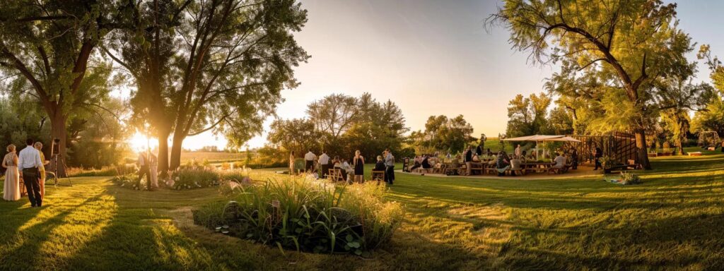 a panoramic view of a vibrant outdoor gathering set in a lush garden, featuring engaged guests enjoying themselves, while subtle hints of pest management strategies, like discreet traps and natural deterrents, blend seamlessly into the picturesque landscape under warm, golden-hour lighting.