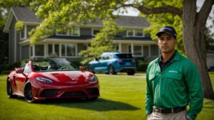 A confident pest control technician in professional attire surveying a vibrant green lawn with advanced equipment under a bright blue sky in Rhode Island.