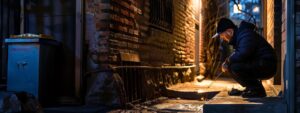 Close-up of a professional pest control technician placing a bait station in a dimly lit alley, highlighting the urgency of rodent control.