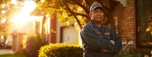 A professional pest control technician confidently standing in a residential area, surrounded by visual cues of effective rat management, with warm late afternoon sunlight and an urban backdrop.