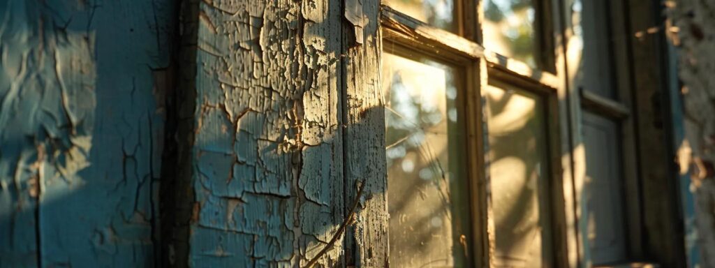 a close-up view of a home’s exterior reveals a series of small, vulnerable entry points like cracks and gaps in window frames, bathed in warm afternoon light to emphasize the need for pest prevention.