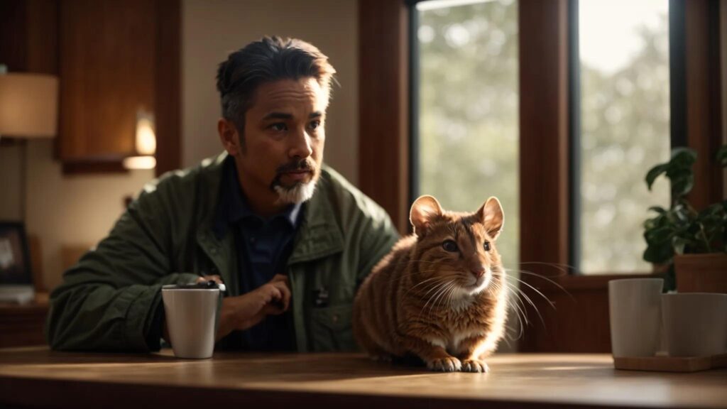 a focused shot of a professional rodent exterminator in a well-lit home environment, engaged in a thoughtful conversation with a concerned homeowner, emphasizing their collaboration in pest management.