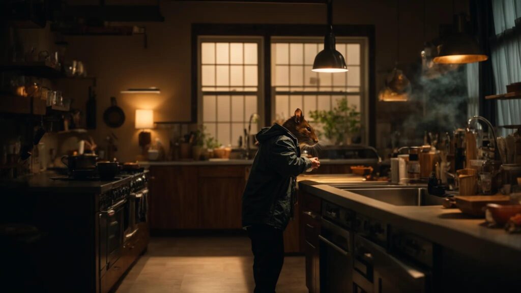 a focused rodent exterminator inspects a dimly lit kitchen, highlighting safety measures and pest control tools amid subtle signs of rodent activity.