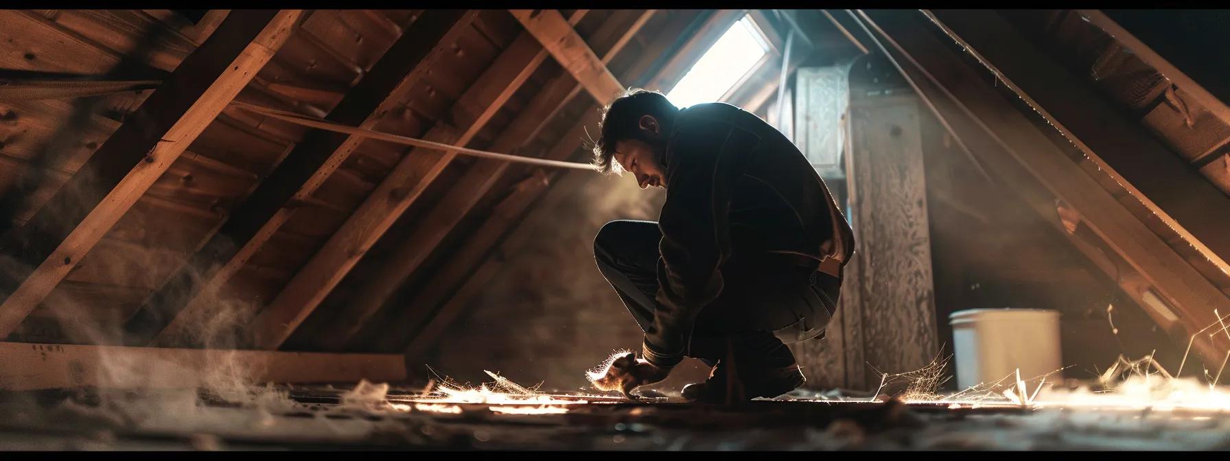 A professional pest control technician inspecting a dimly lit attic, surrounded by shadows and cobwebs, focusing on a strategically placed rodent bait station.