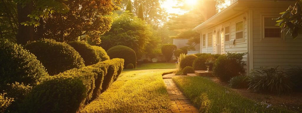 a well-maintained home exterior is bathed in warm sunlight, showcasing a tidy landscape with trimmed bushes and clear pathways, symbolizing effective rodent prevention and control.