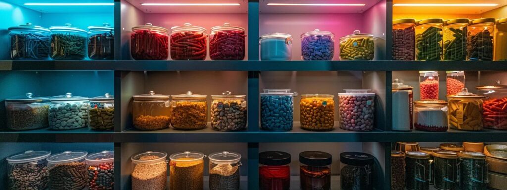 a tightly sealed, organized pantry filled with colorful airtight containers and neatly stacked storage bins, showcasing a pristine environment that effectively deters rodents.