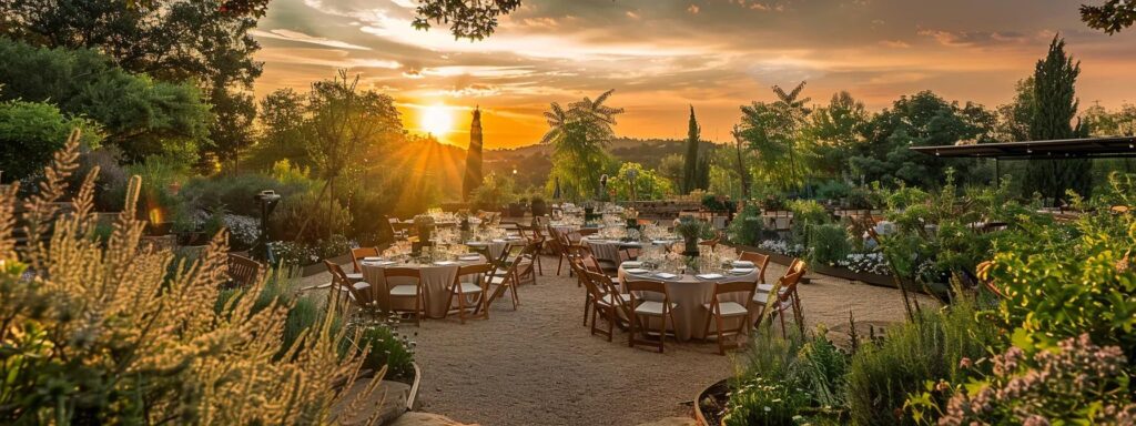 a serene outdoor gathering is set under a vibrant sunset, showcasing lush greenery and elegantly arranged tables surrounded by discreet eco-friendly pest barriers, embodying a harmonious blend of nature and sustainable pest management practices.