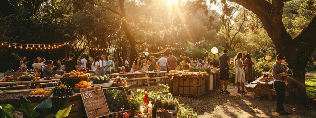 a vibrant outdoor gathering showcases guests enjoying a sunlit picnic laden with fresh food, surrounded by lush greenery, while strategically placed signs educate attendees on pest awareness and preventive measures, creating an inviting and informed atmosphere.