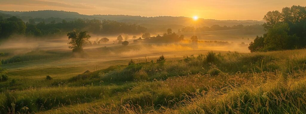 a serene sunrise over prudence island, highlighting the tranquil landscape while subtle mist rises, symbolizing the effectiveness of chemical solutions in mosquito control.