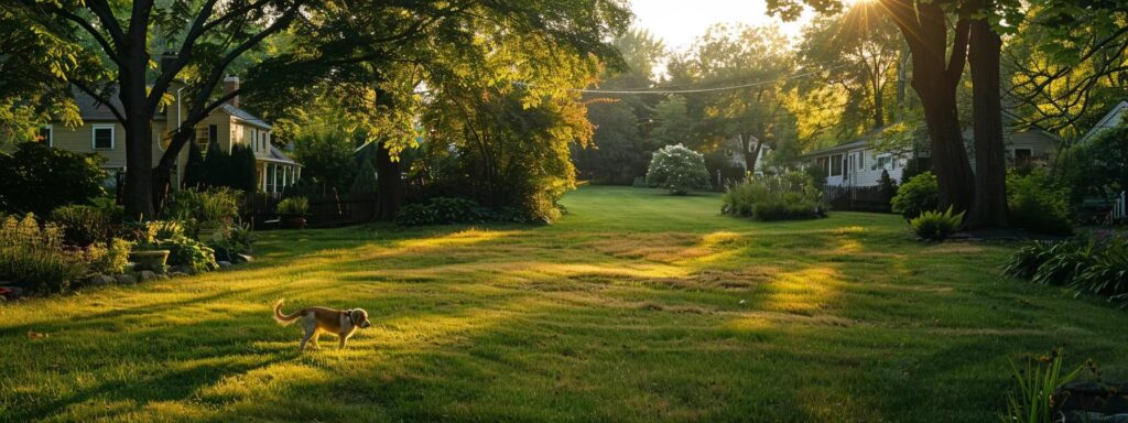 a serene rhode island landscape, featuring a lush green backyard under soft golden sunlight, where a small dog curiously explores the grass, symbolizing the safety and peace of mind brought by effective tick control.