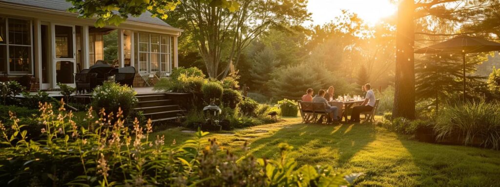 a serene rhode island backyard, vibrant with lush greenery, is enveloped in warm, golden sunlight, showcasing a family enjoying a pest-free outdoor gathering, highlighting the importance of effective tick control solutions.