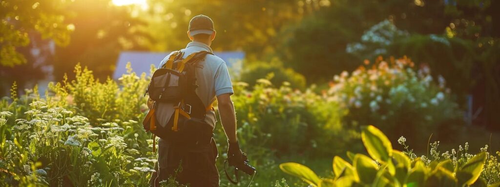 a serene rhode island landscape bathed in warm golden sunlight, featuring lush greenery and a professional pest control technician assessing the environment for effective tick management.