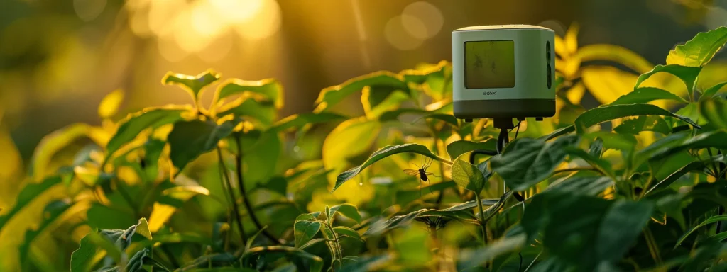 a vibrant, high-resolution close-up of a sophisticated mosquito monitoring device set against a lush, green backdrop, illuminated by soft morning light, capturing the essence of innovative pest control strategies in action.