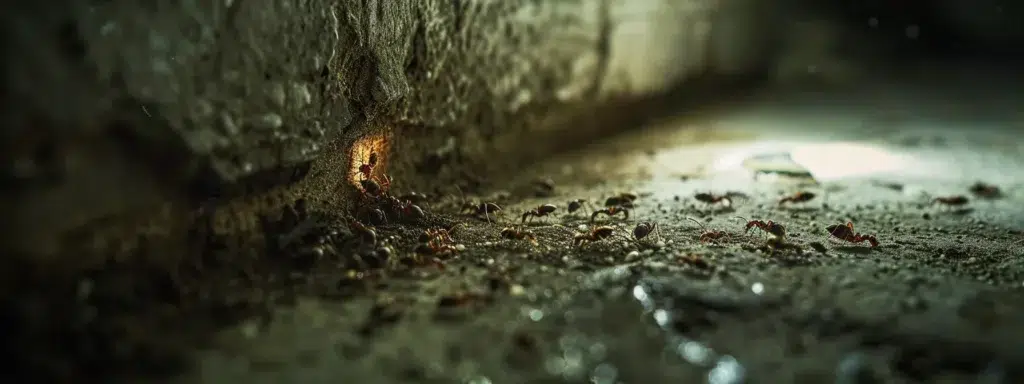 A detailed close-up of a strategically placed ant bait station in a dimly lit basement, with ants eagerly approaching the bait, highlighting its effectiveness in pest control.