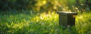 A vivid close-up of a strategically placed ant bait station, surrounded by lush green grass and glistening under soft morning sunlight, emphasizing its crucial role in effective ant control.