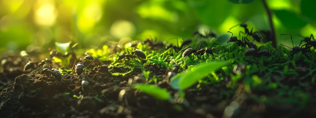 A vibrant close-up of an ant bait station surrounded by lush greenery, capturing ants actively approaching, illustrating effective pest management in action.