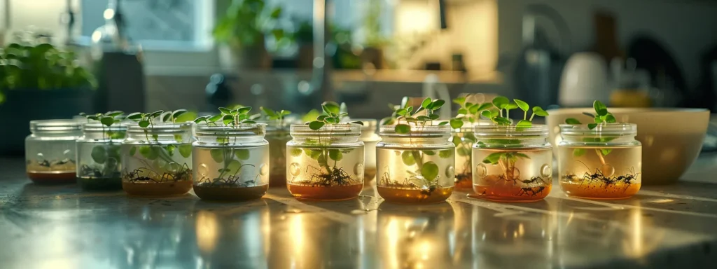 A visually captivating close-up of various ant bait traps, showcasing innovative designs and formulations, neatly arranged on a well-lit kitchen countertop, emphasizing their effectiveness in home pest control.