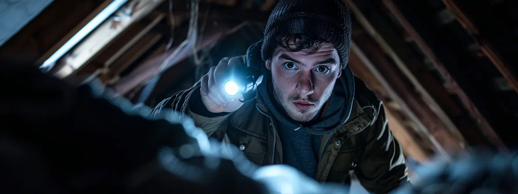 A professional pest control technician carefully inspects a home attic for rodent infestations, using a bright flashlight to illuminate the dark, cluttered space, highlighting their focused expression.