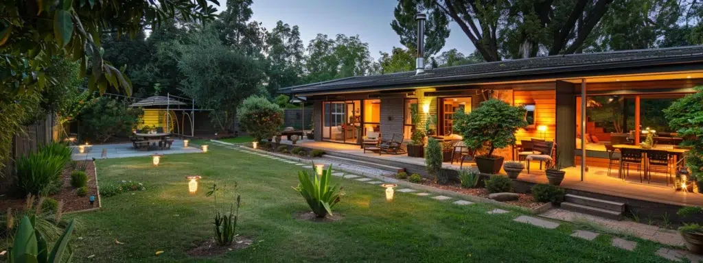 A spacious backyard at dusk, featuring a well-maintained perimeter with strategically placed natural pest deterrents, illuminated by soft garden lights, highlighting a serene, insect-free home environment.