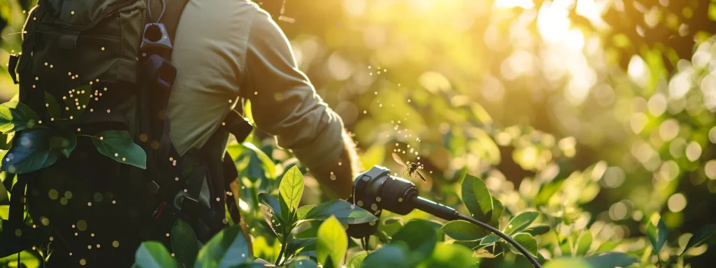 a close-up of a vibrant green garden, emphasizing a thriving ecosystem, where a skilled pest control professional inspects wooden surfaces for carpenter bees, illuminated by warm afternoon light filtering through the foliage.