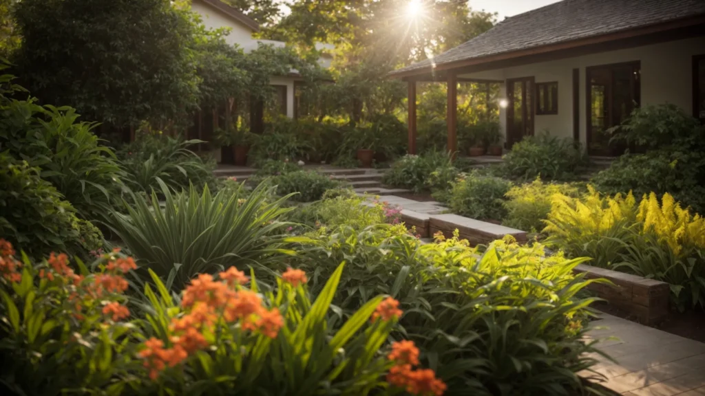 a vibrant outdoor scene featuring a lush, well-maintained garden with flourishing citronella plants, surrounded by clear pathways devoid of standing water, emphasizing effective mosquito control techniques in a sunlit, serene atmosphere.