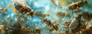 A detailed close-up of ants, cockroaches, and mosquitoes against a stark background, emphasizing the urgent need for effective pest control solutions.