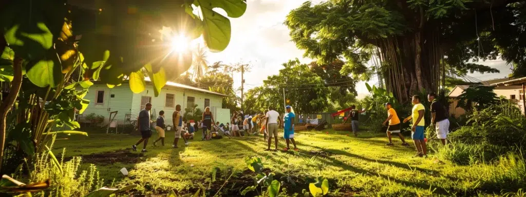 a vibrant community gathering is depicted as residents enthusiastically participate in a neighborhood clean-up campaign, surrounded by lush greenery under soft afternoon sunlight, symbolizing collective efforts in mosquito control and public health awareness.