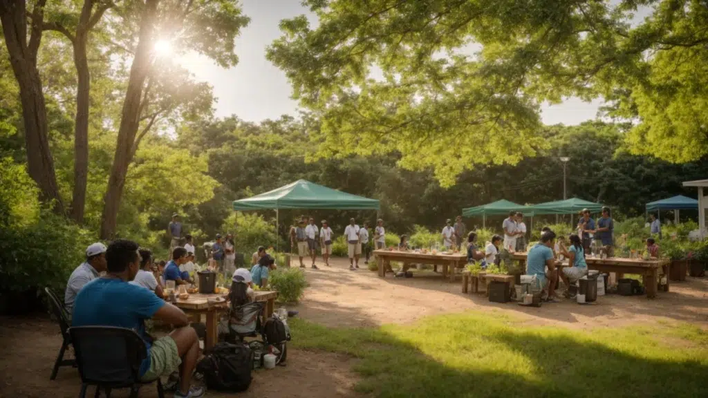 a vibrant, sunlit community gathering showcases families engaging in eco-friendly mosquito control practices, surrounded by lush greenery and high-tech equipment, emphasizing innovative and sustainable pest management solutions in rhode island.