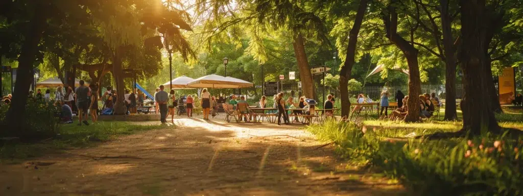 a vibrant community gathering unfolds in a sunlit park, where individuals enthusiastically engage in mosquito management education, exchanging knowledge about the life cycle and eco-friendly control strategies amid blooming greenery and colorful signage.