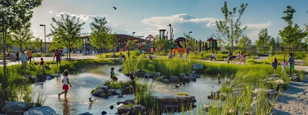 a vibrant community park showcases a clear, sunny day where children play amidst strategically placed wetlands teeming with mosquitofish, while nearby, a group of engaged residents collaborate on environmental practices to maintain effective mosquito control.