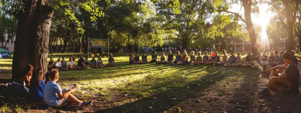 A vibrant community workshop in a sunlit park, featuring diverse groups of children and adults engaging in discussions and activities about effective rodent management, surrounded by educational banners and materials.