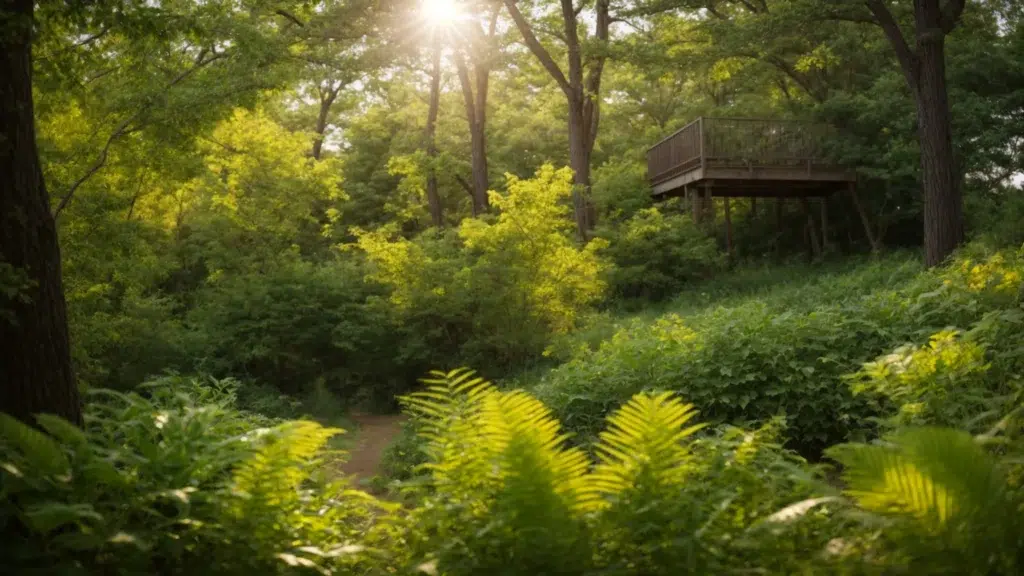 a vibrant, sunlit outdoor scene on prudence island, showcasing a lush, meticulously maintained landscape free of mosquitoes, symbolizing the harmony between nature and effective pest control services.