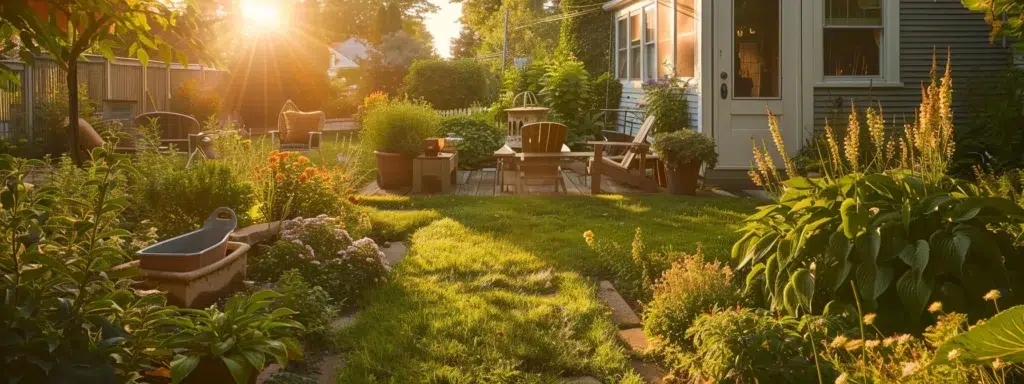 a serene rhode island backyard bathed in golden sunlight, showcasing thriving plants and a cozy outdoor seating area, while subtle hints of natural pest control tools like homemade traps and insect-repelling plants emphasize diy pest management.