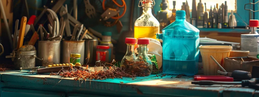 A vibrant close-up of a meticulously arranged DIY ant control station, featuring bait and vinegar traps, set against a contrasting backdrop of professional exterminator tools, symbolizing the choice between home remedies and expert pest control solutions.