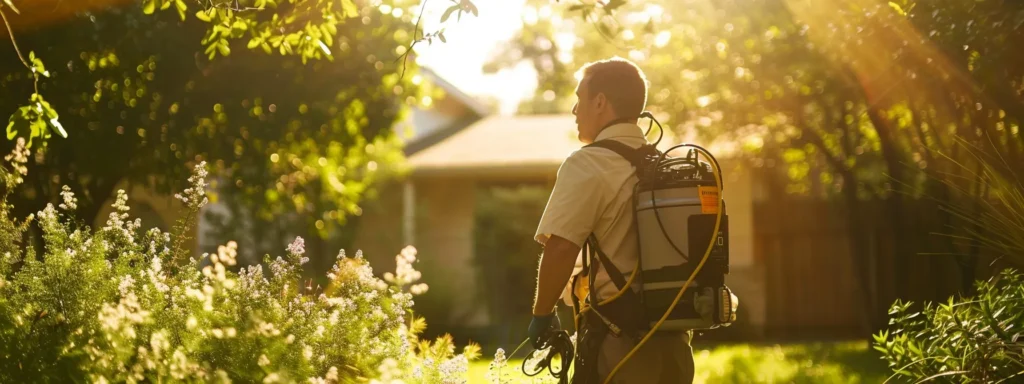 A professional pest control exterminator surveys a residential yard, using advanced eco-friendly pest management equipment under warm sunlight, ensuring a safe environment for families and pets.