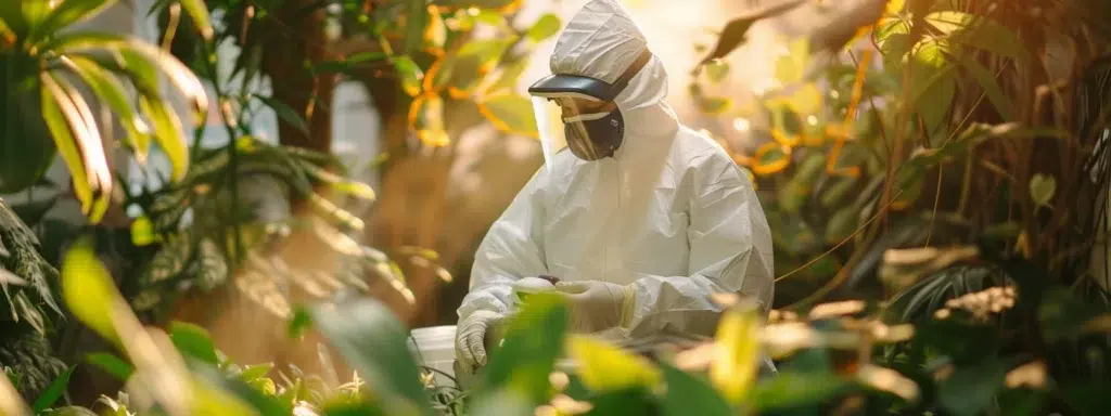 a focused pest control technician in a protective suit examines an eco-friendly product label in a lush garden, bathed in warm, natural sunlight, emphasizing the importance of safe and effective pest management.