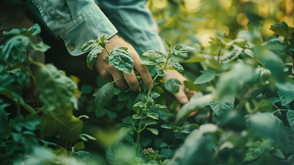 a dramatic close-up of a pest control professional applying a natural treatment in a vibrant urban garden, highlighting the balance between effective extermination and wildlife protection under soft, diffused daylight.