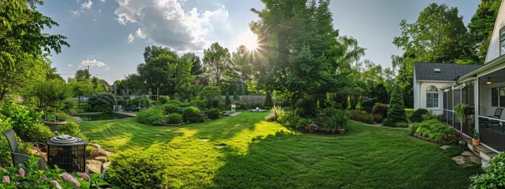 A lush Rhode Island backyard filled with vibrant greenery, featuring eco-friendly tick treatment methods such as plant-based sprays and fiberglass barriers, bathed in warm, golden sunlight, symbolizing responsible pest management in harmony with nature.