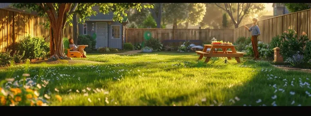 A serene suburban backyard bathed in warm afternoon light, featuring a family-friendly picnic setup on a lush green lawn while a discreet ant control technician inspects the area in the background, highlighting the importance of effective pest management.