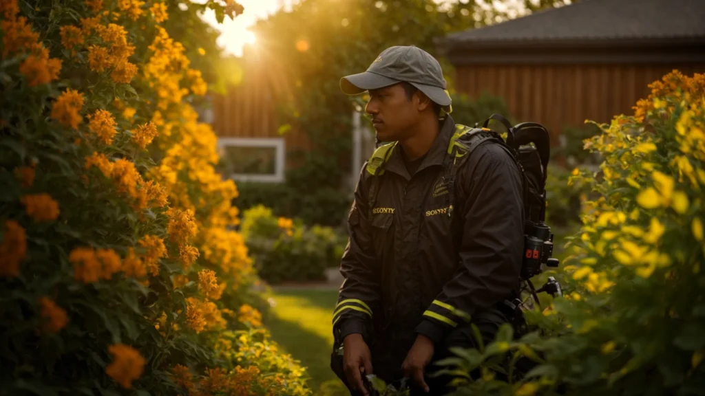 A confident exterminator surveys a vibrant, pest-free garden bathed in golden sunlight, highlighting the effectiveness of professional pest control services.