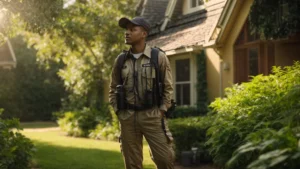 A professional exterminator inspecting a home, equipped with advanced pest control tools, ensuring a pest-free environment for homeowners.