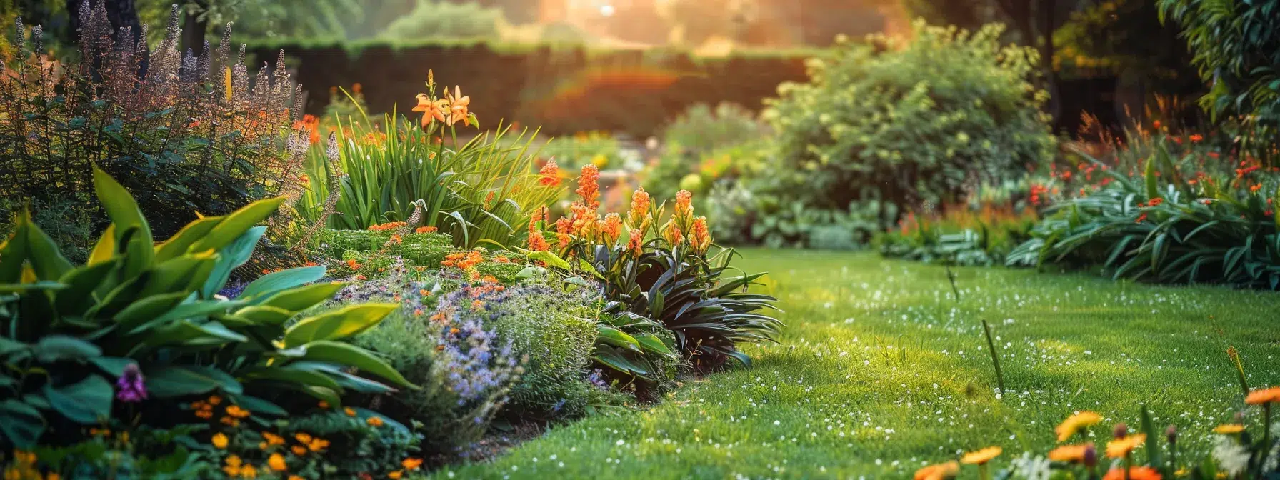 A vibrant flower bed in a Warwick, RI front yard, featuring fresh mulch and effective pest control measures to maintain a healthy and pest-free garden.