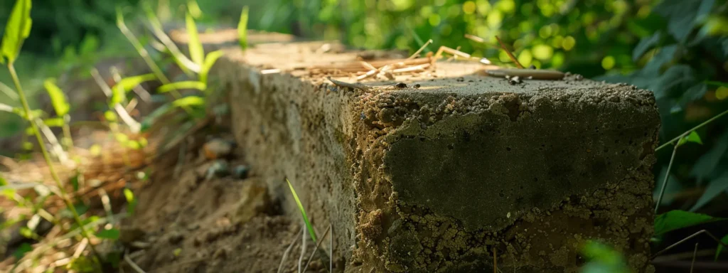 A vibrant close-up of a solid, well-constructed foundation barrier featuring innovative pest control materials like gel and straw, set against a lush greenery landscape, emphasizing its protective role against ants and spiders.