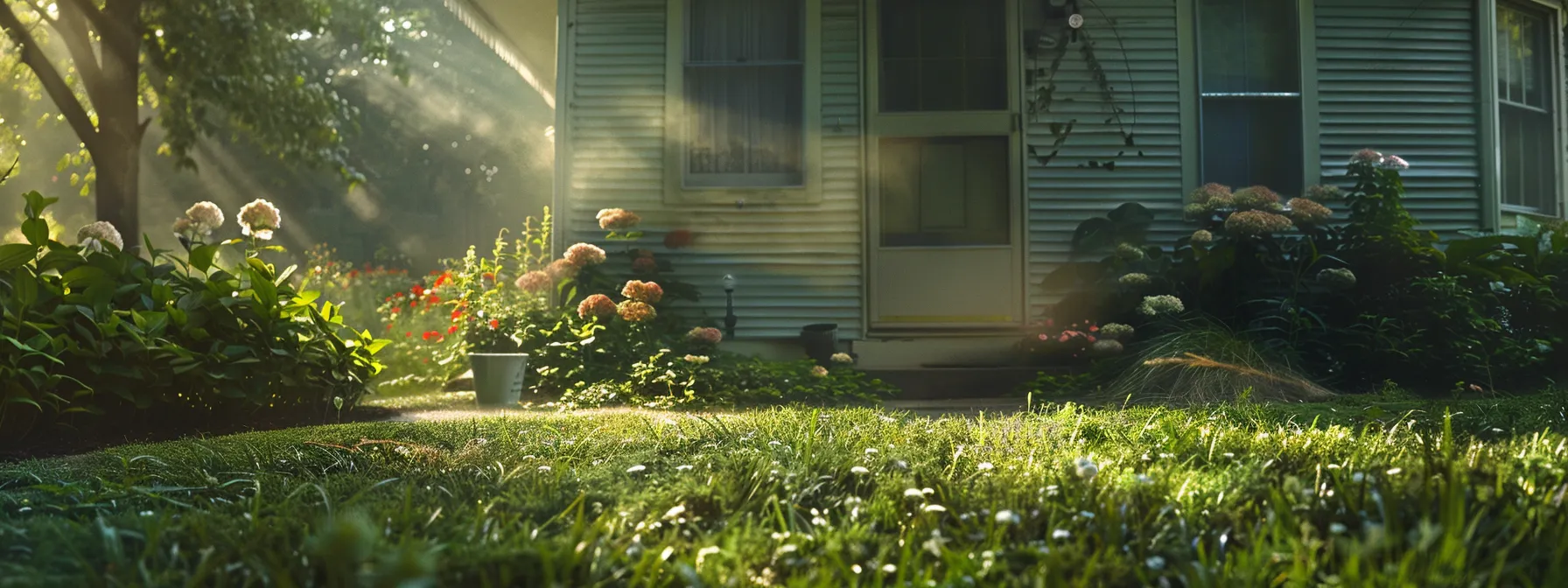 A pristine home exterior surrounded by a lush green lawn and vibrant flowers, with a clear protective barrier spray glistening along the foundation, showcasing effective pest prevention against ants and spiders.