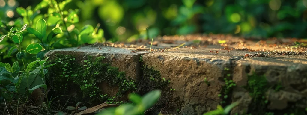 A close-up view of a well-maintained foundation being inspected for signs of ant and earwig infestations, illuminated by warm afternoon sunlight, with lush greenery framing the scene to emphasize a pest-free environment.